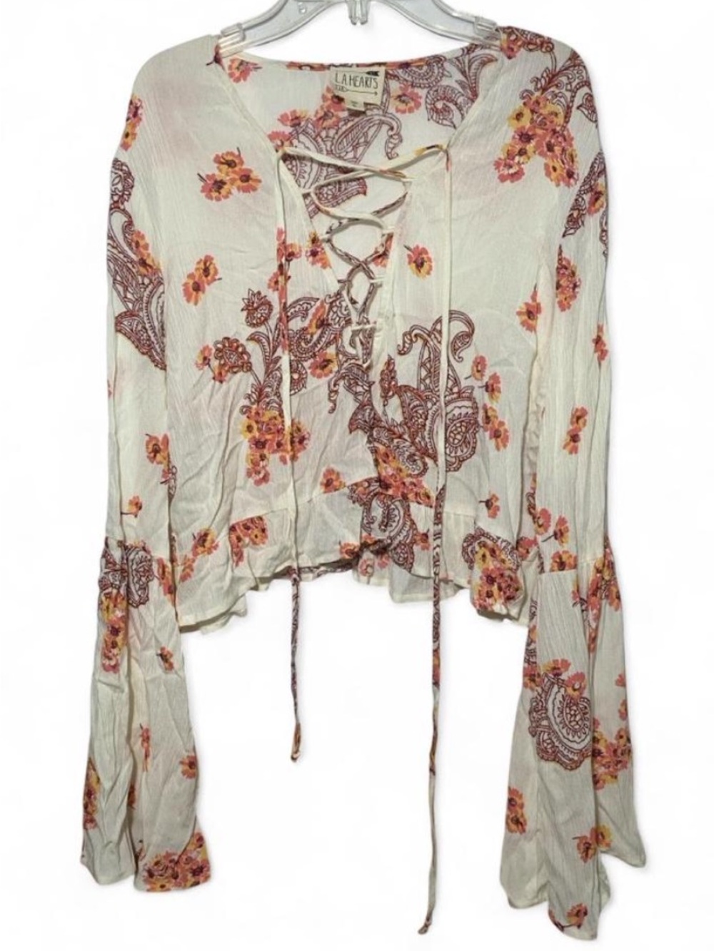 PacSun Cream Paisley Cropped Lace Up Bell Sleeve 70s Boho Hippie Flowy Blouse